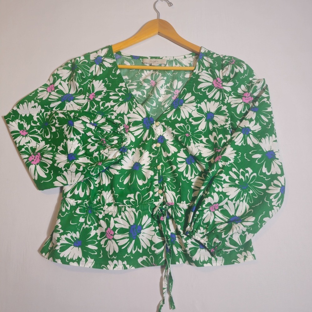 Loft Womens Medium Green Floral Blouse Puff Sleeve Peasant Cottagecore Prairie